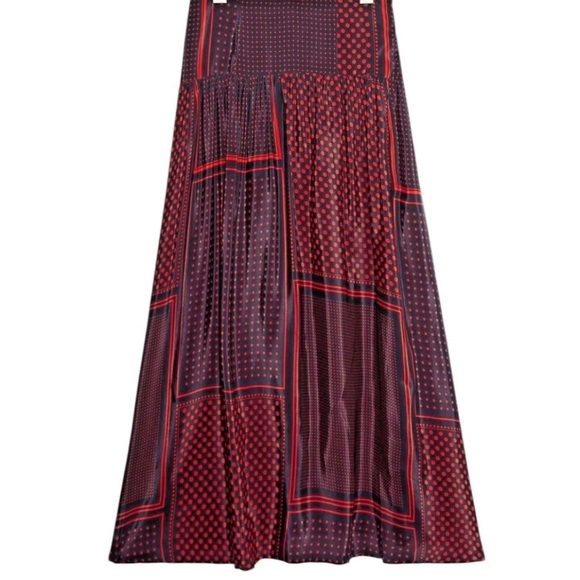 Anthropology Geo Print Elegant Red& Navy A Line Flowy Polka Dot Maxi Skirt Sz 2 - Picture 1 of 7